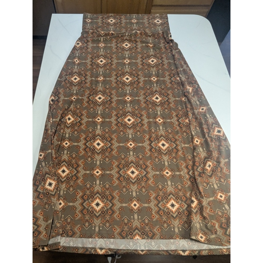 LuLaRoe Maxi Skirt XL Olive Green Orange Geometric Tribal Print Fold Over Waist